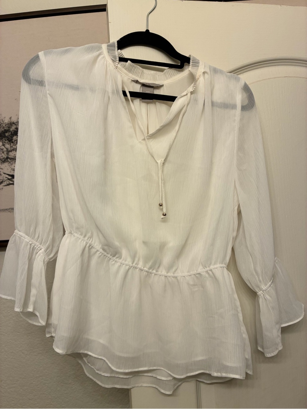 H&M White Sheer Peplum Tie-Neck Blouse
